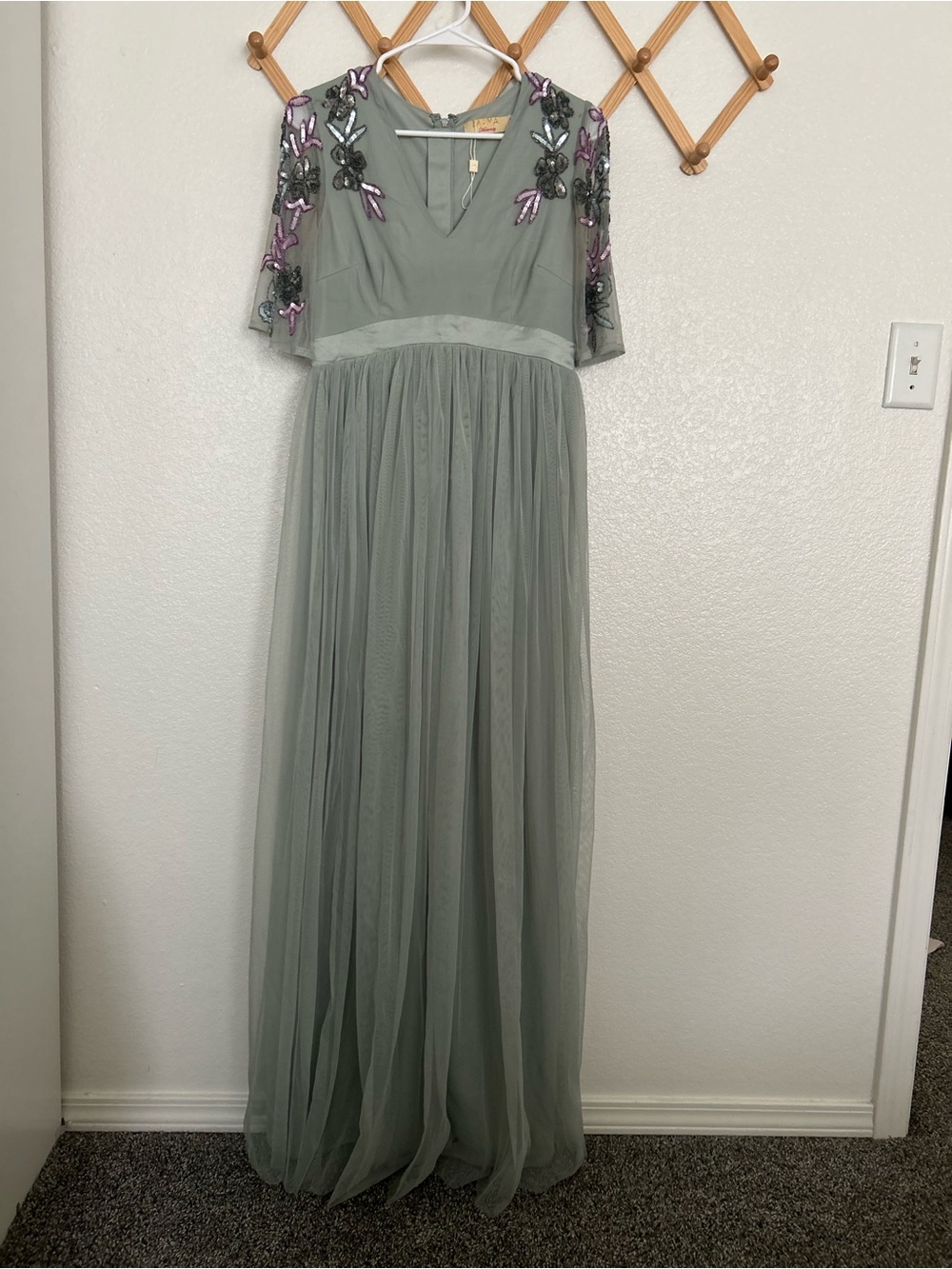 MAYA maternity sage Green Embroidered Tulle Maxi Dress